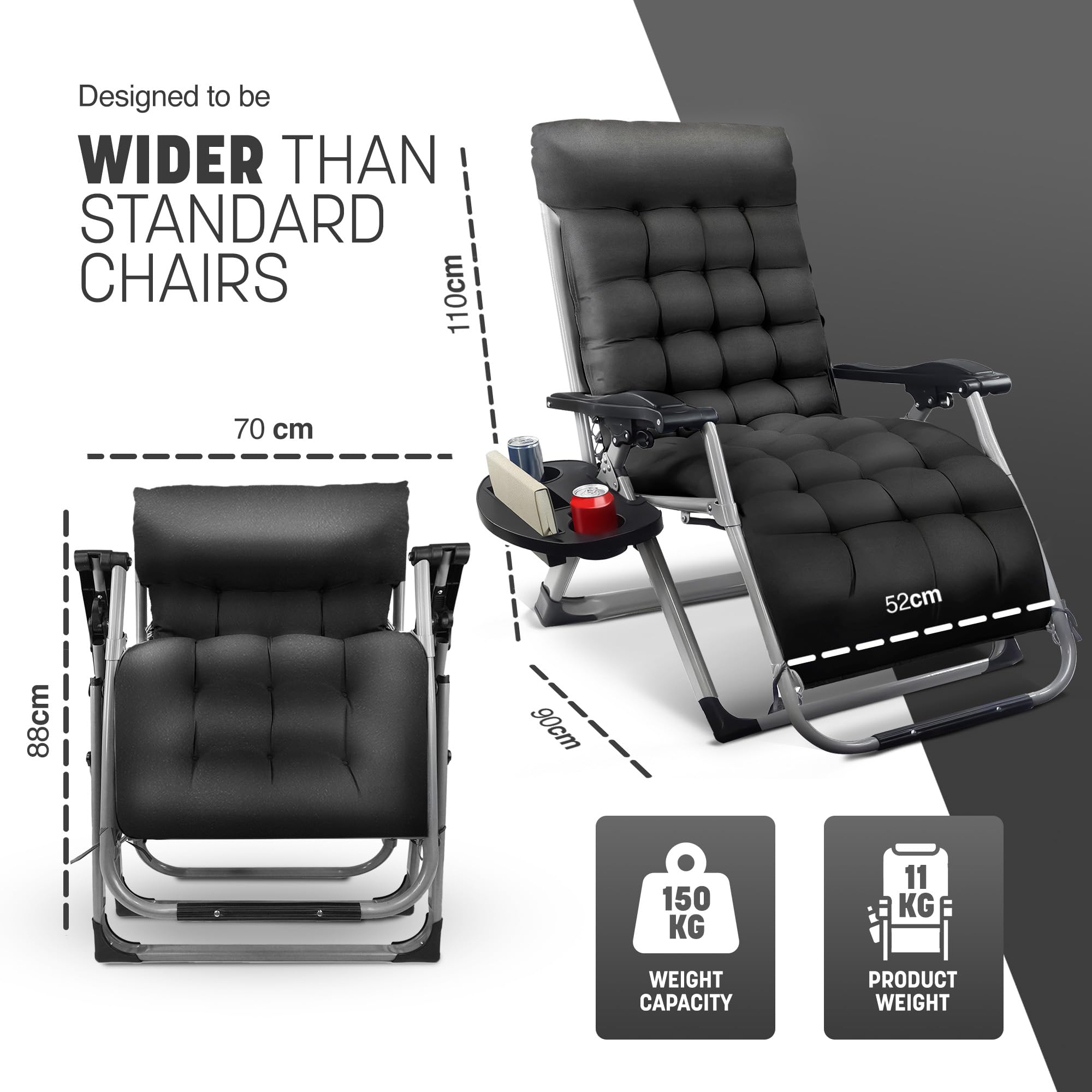 KEPLIN Square Tube Gravity Chair with Cushion – Extra-Wide 72cm Recliner, Adjustable Zero Gravity Lounger, Reinforced Frame, Supports 150kg, Premium Comfort for Indoor & Outdoor Relaxation – Black