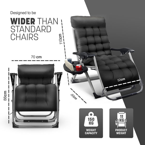 KEPLIN Square Tube Gravity Chair with Cushion – Extra-Wide 72cm Recliner, Adjustable Zero Gravity Lounger, Reinforced Frame, Supports 150kg, Premium Comfort for Indoor & Outdoor Relaxation – Black