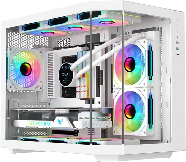 IONZ APEX Vision - PC Gaming Case, M/ATX Mini Tower, Dual Chamber with 6 ARGB PWM Fans - LCD Screen | Supports 240 mm AIO, White