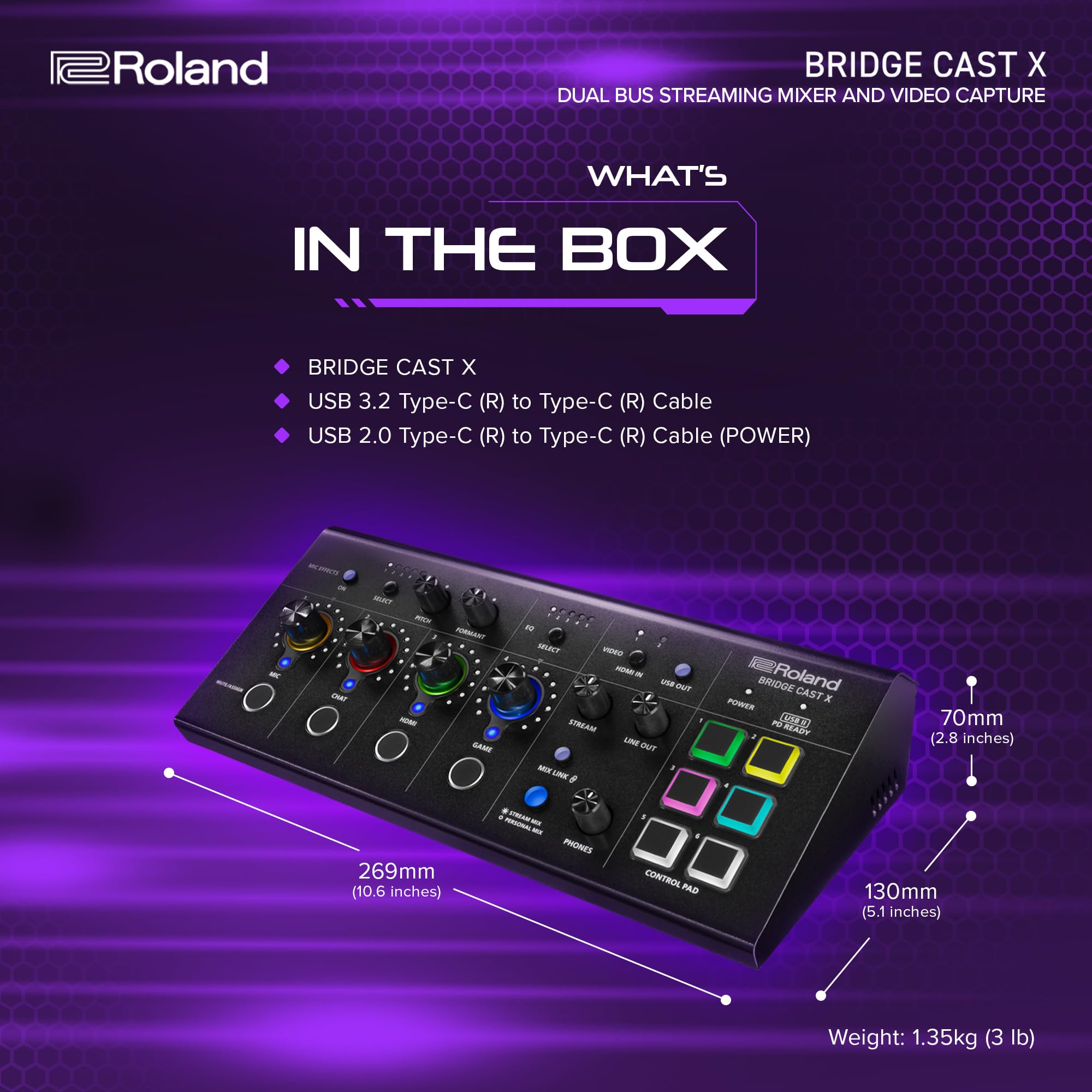 Roland BRIDGE CAST ONE Dual Bus Streaming Mixer Compact Audio Streaming Mixer For Online Gamers & Content Creators 32-Bit Hardware DSP USB-C Windows and Mac Connectivity XLR Mic Support