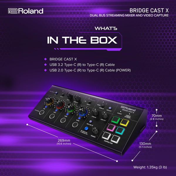 Roland BRIDGE CAST ONE Dual Bus Streaming Mixer Compact Audio Streaming Mixer For Online Gamers & Content Creators 32-Bit Hardware DSP USB-C Windows and Mac Connectivity XLR Mic Support
