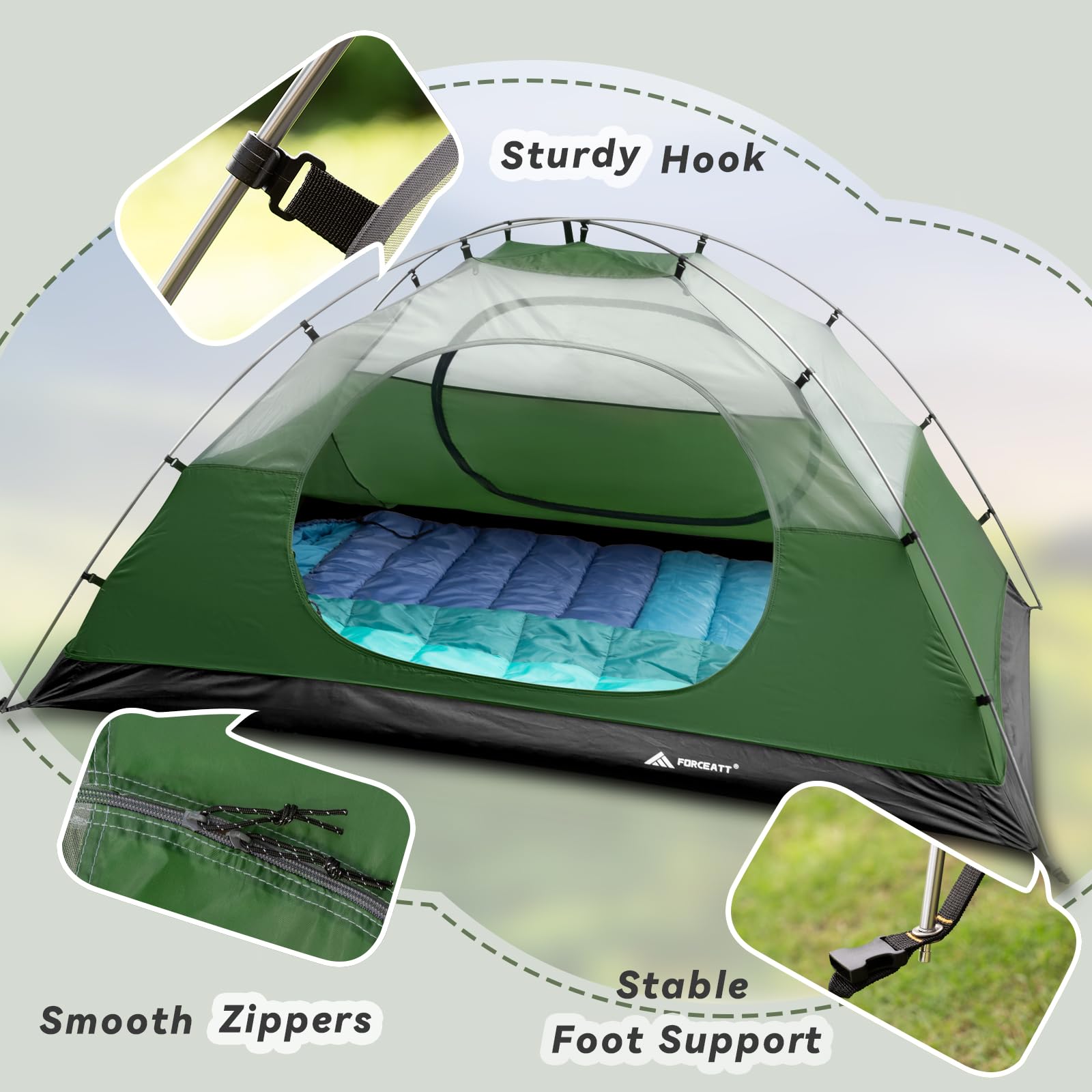 Forceatt Tent, 2-4 Man Tent for Camping, Easy Setup Lightweight Two Doors PU3000mm Waterproof Dome Tent, Windproof Instant Outdoor Tent Suitable for Traveling, Beach, Camping, Hiking, Mountaineering