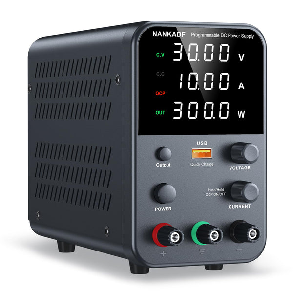 DC power supply (0-30V,0-10A) adjustable, switching power supplies, mini high precision 4-digit display with USB fast charging interface, variable lab bench power supply, output button/encoder knob