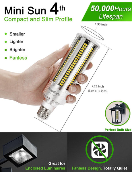 DragonLight Newest 60W Corn LED Light Bulb Fanless(200 Watt MH/HPS Replacement) E27/E40 Large Mogul Base LED Lamp 6000K Daylight 7,200LM Good for