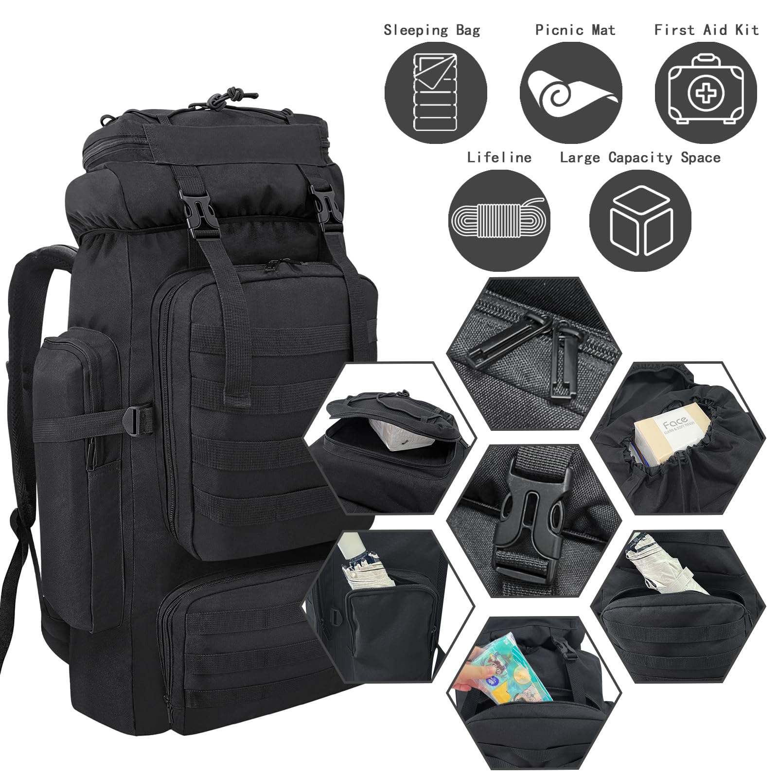 Ogetok 80L Hiking Backpack Camping Rucksack, 80 liters Large Capacity Outdoor Knapsack Travel Climbing Mountaineering Carry On Backpack Bag, Trekking Backpacking for Men Women, Black