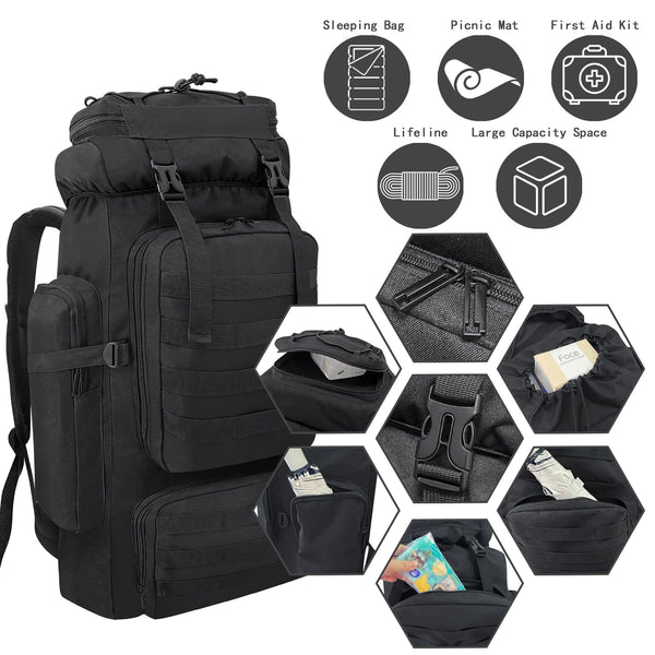 Ogetok 80L Hiking Backpack Camping Rucksack, 80 liters Large Capacity Outdoor Knapsack Travel Climbing Mountaineering Carry On Backpack Bag, Trekking Backpacking for Men Women, Black