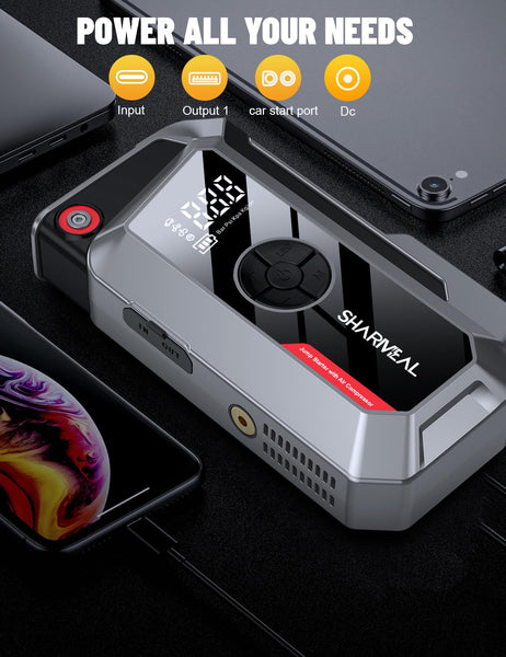 SHARMEAL 6000A Portable Car Battery Booster (all Gas/10L Diesel), Jump Starter Power Pack with 150PSI Air Compressor, 12V Car Jump Starter Power Bank with Jump Leads, LCD Screen, Emergency Light
