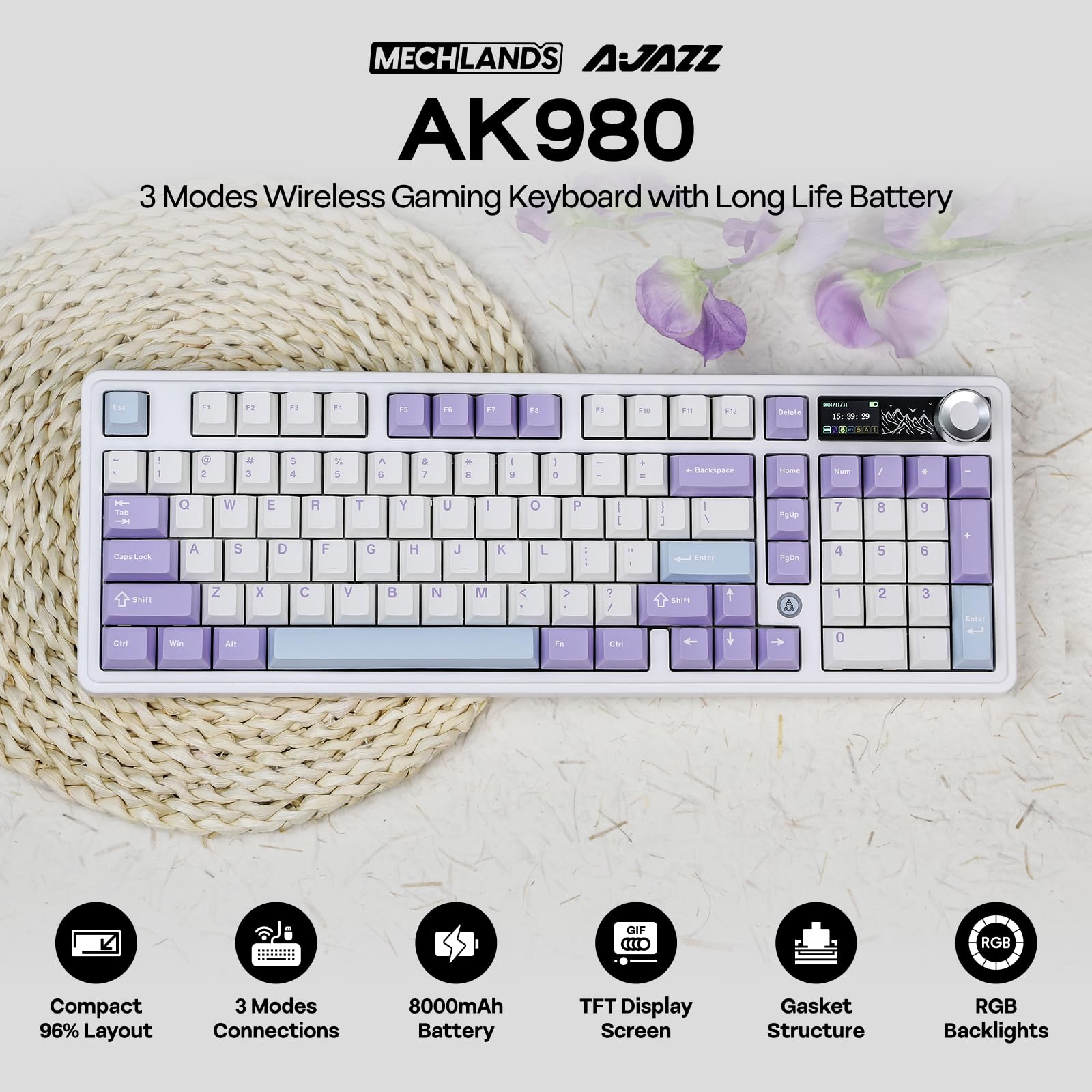 MechLands AK980 98% Mechanical Keyboard, BT5.0/USB-C/2.4GHz Wireless Gaming Keyboard, Hot Swappable Creamy Custom Keyboard with 1.14" TFT Screen, Knob, RGB for Win/Mac (White, Gift V2 Switch)