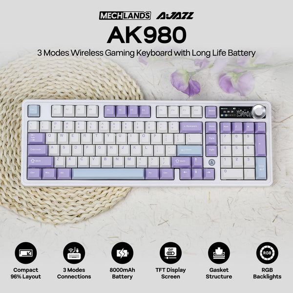 MechLands AK980 98% Mechanical Keyboard, BT5.0/USB-C/2.4GHz Wireless Gaming Keyboard, Hot Swappable Creamy Custom Keyboard with 1.14" TFT Screen, Knob, RGB for Win/Mac (White, Gift V2 Switch)