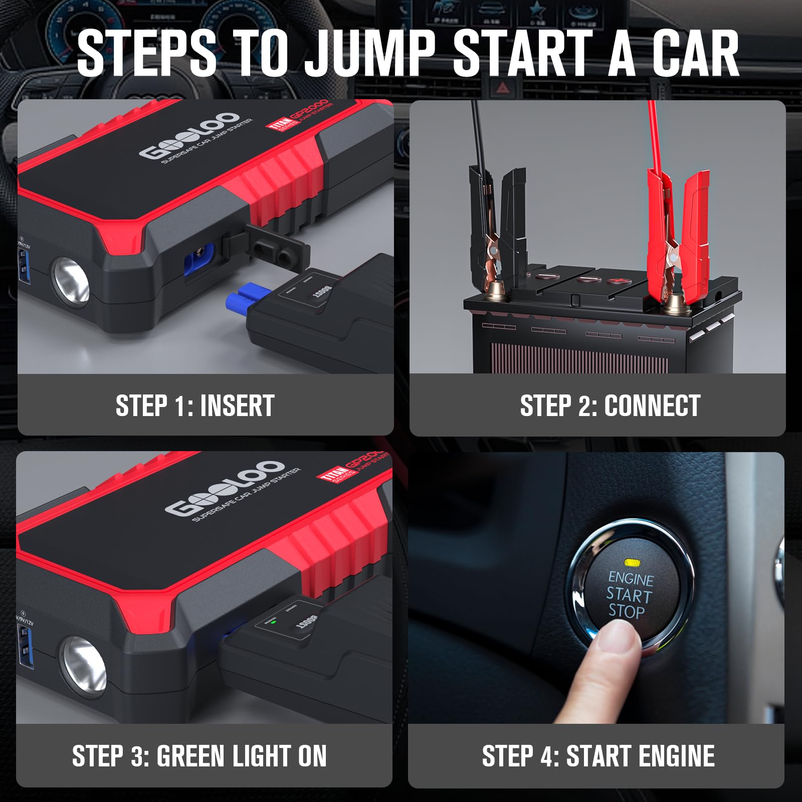 GOOLOO 1500A Jump Starter Power Pack, Car Battery Booster Jump Starter for 12V Vehicle(Up to 6.0L Gas,4.0L Diesel), Jump Pack and Jump Starters, With Smart Jumper and LED Torch