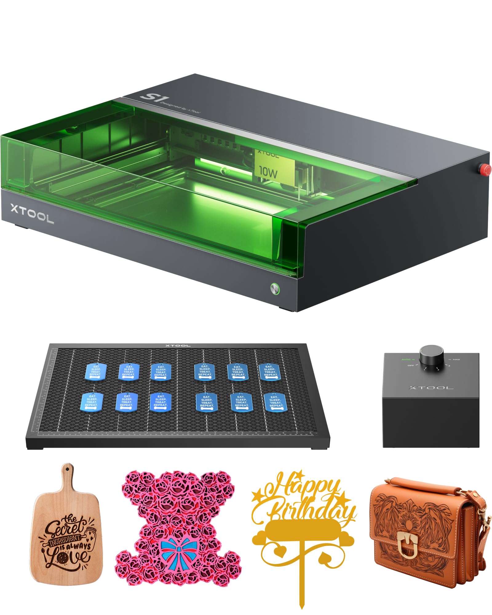 xTool S1 20W Engraving Machine with Riser Base & Honeycomb Working Sheet & Air Assit & RA2 Pro, Auto Focus, Enclosed Engraver and Cutter for Wood and Metal, Class I Safety CNC Machine