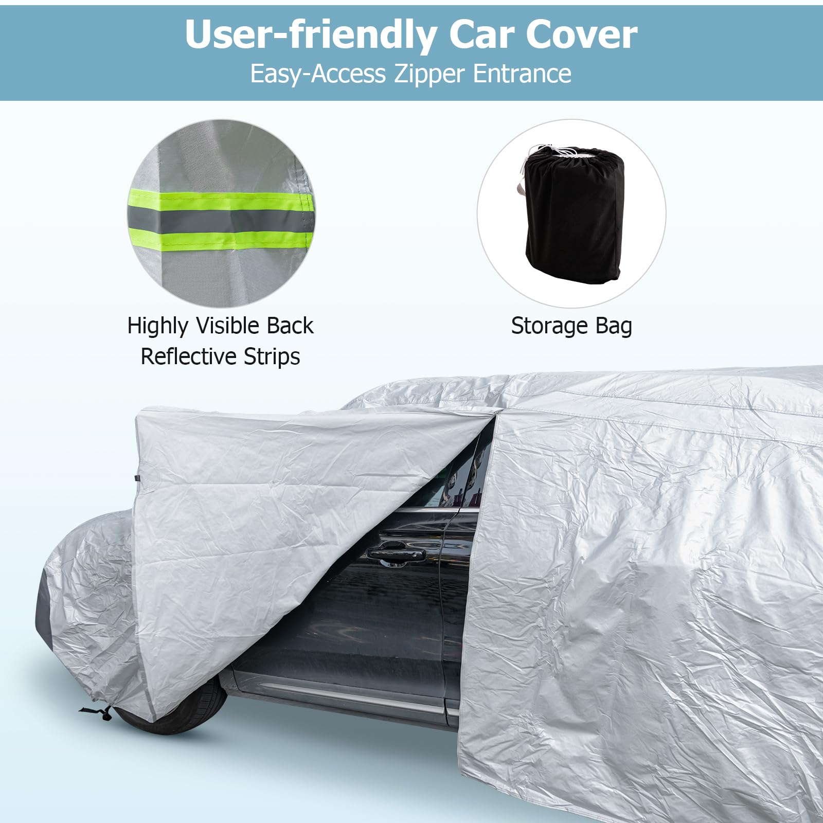 COSTWAY Car Cover Waterproof, Universal Full Car Cover with Zipper Door, Reflective Strips & Storage Bag, All Weather Windproof Snowproof UV Protection (Fit Sedan, Length Up to 190”(482cm))
