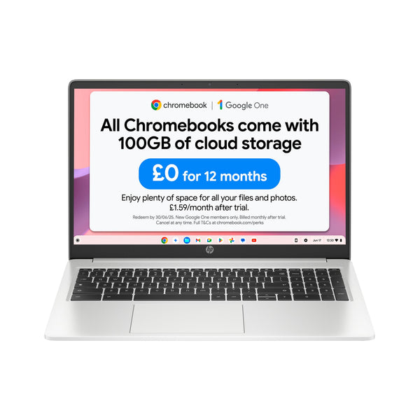 HP Chromebook 14" | Intel Processor N100 Processor| 4 GB RAM | 128 GB Flash Storage | Intel UHD Graphics | HD Display | Up to 12hrs battery | Chrome OS | Dual Speakers | Glacier Silver | 14a-nf0002sa