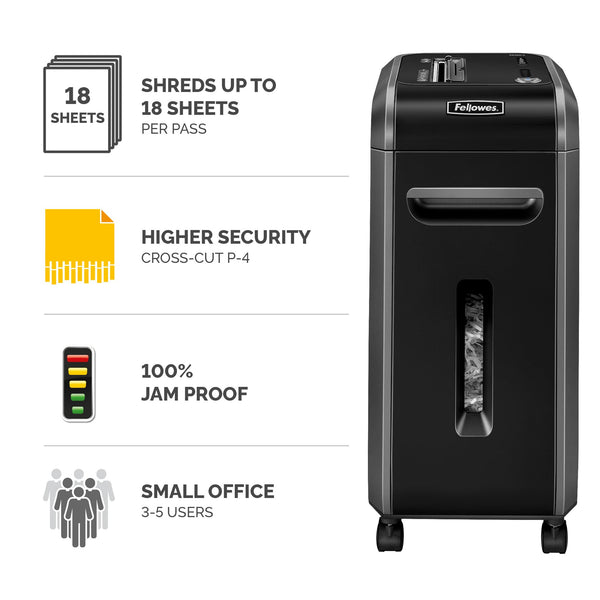 Fellowes 18 Sheet Paper Shredder for Office Use - 100% Jam Proof Cross Cut Shredder - 99Ci Shreds for 30 Minutes - Powershred Office Shredder with Large 34 Litre Pull-Out Bin - DIN Level P4 - Black