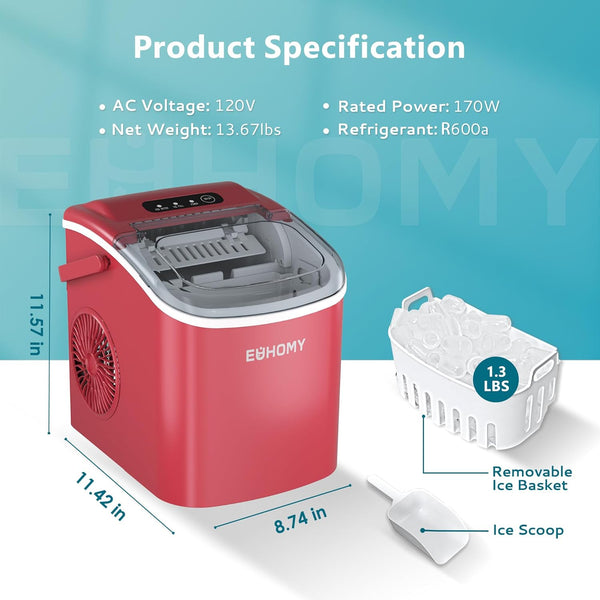 Ice Maker Machine Countertop Ice Cube Maker with Portable Handle, 9 Ice Cubes in 6 Mins, Self-Cleaning Compact Ice Maker 12 kg in 24 Hrs, with Ice Scoop and Basket for Home/Kitchen/Office/Bar