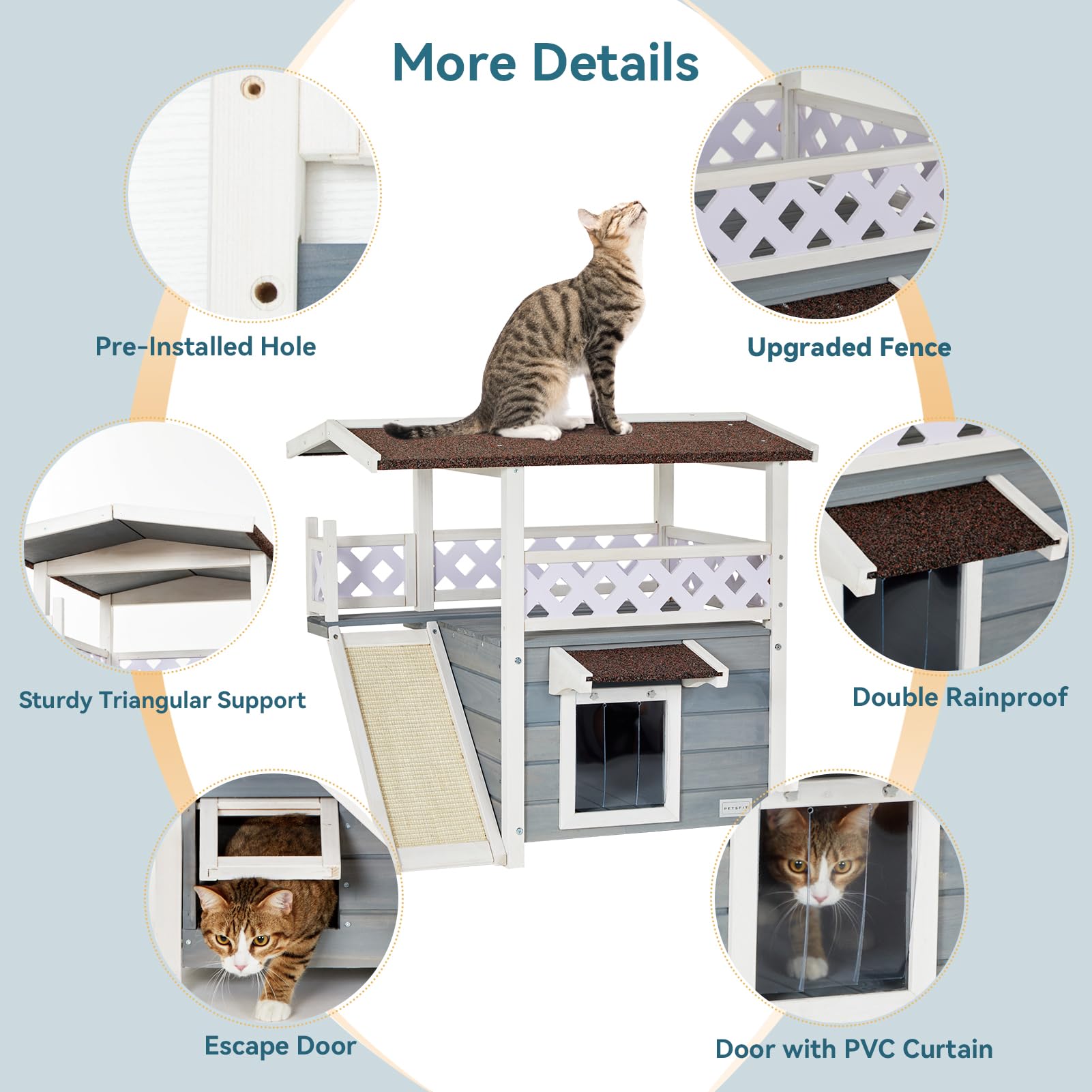 Petsfit Cat Wooden House, Waterproof House Cat Outdoor, Cat Outdoor Shelter with Cat Scratching Pad, Balcony (Grey)