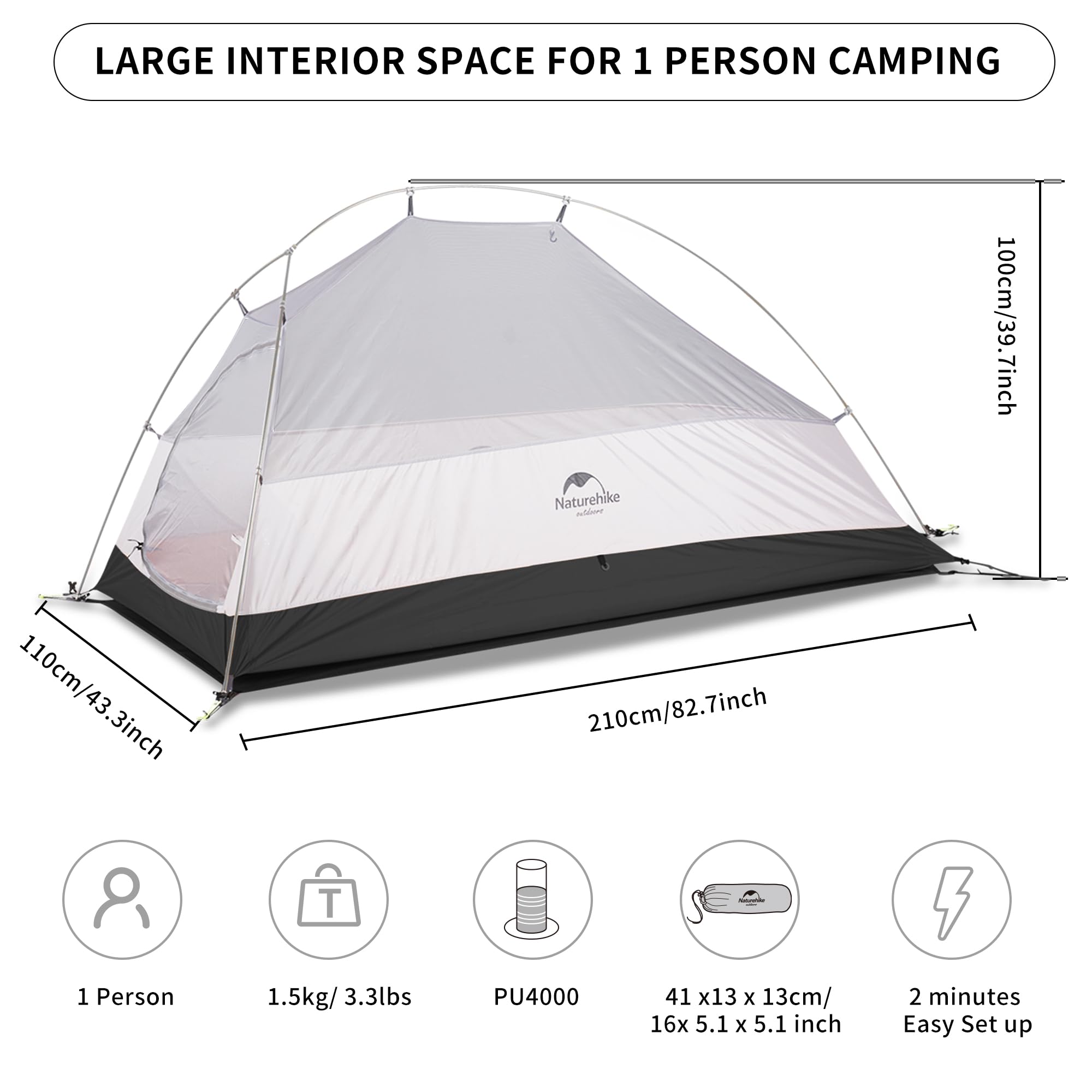 Naturehike Cloud up 1 Person Backpacking Tent Lightweight Camping Hiking Dome Tent for 1 Man