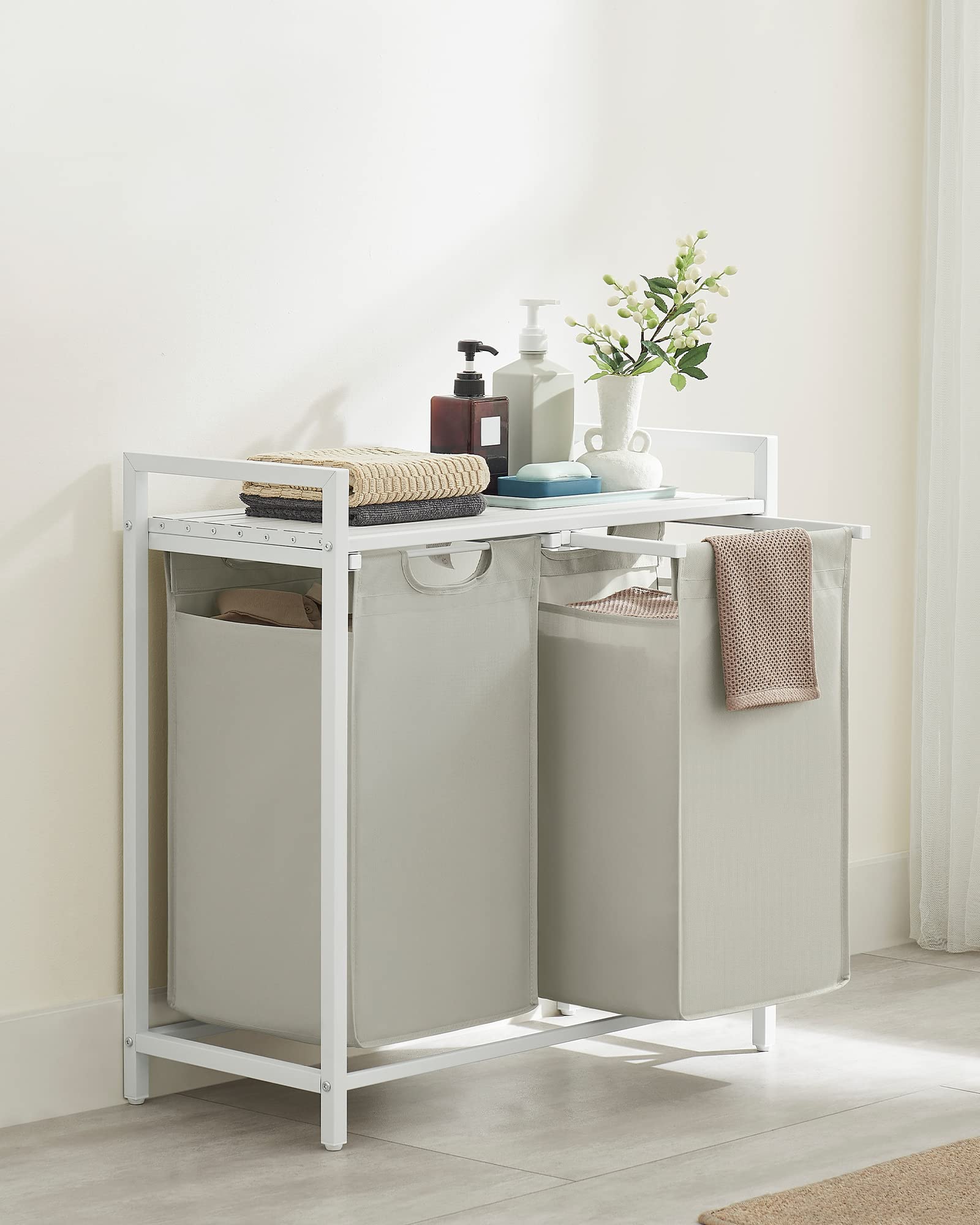 VASAGLE Laundry Basket, Laundry Hamper, Pull-Out and Removable Liner Bag, Shelf, Metal Frame, 65 L, 50 x 33 x 72 cm, Ink Black and Rustic Brown BLH101B01