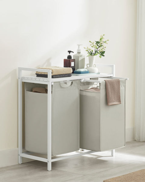 VASAGLE Laundry Basket, Laundry Hamper, Pull-Out and Removable Liner Bag, Shelf, Metal Frame, 65 L, 50 x 33 x 72 cm, Ink Black and Rustic Brown BLH101B01