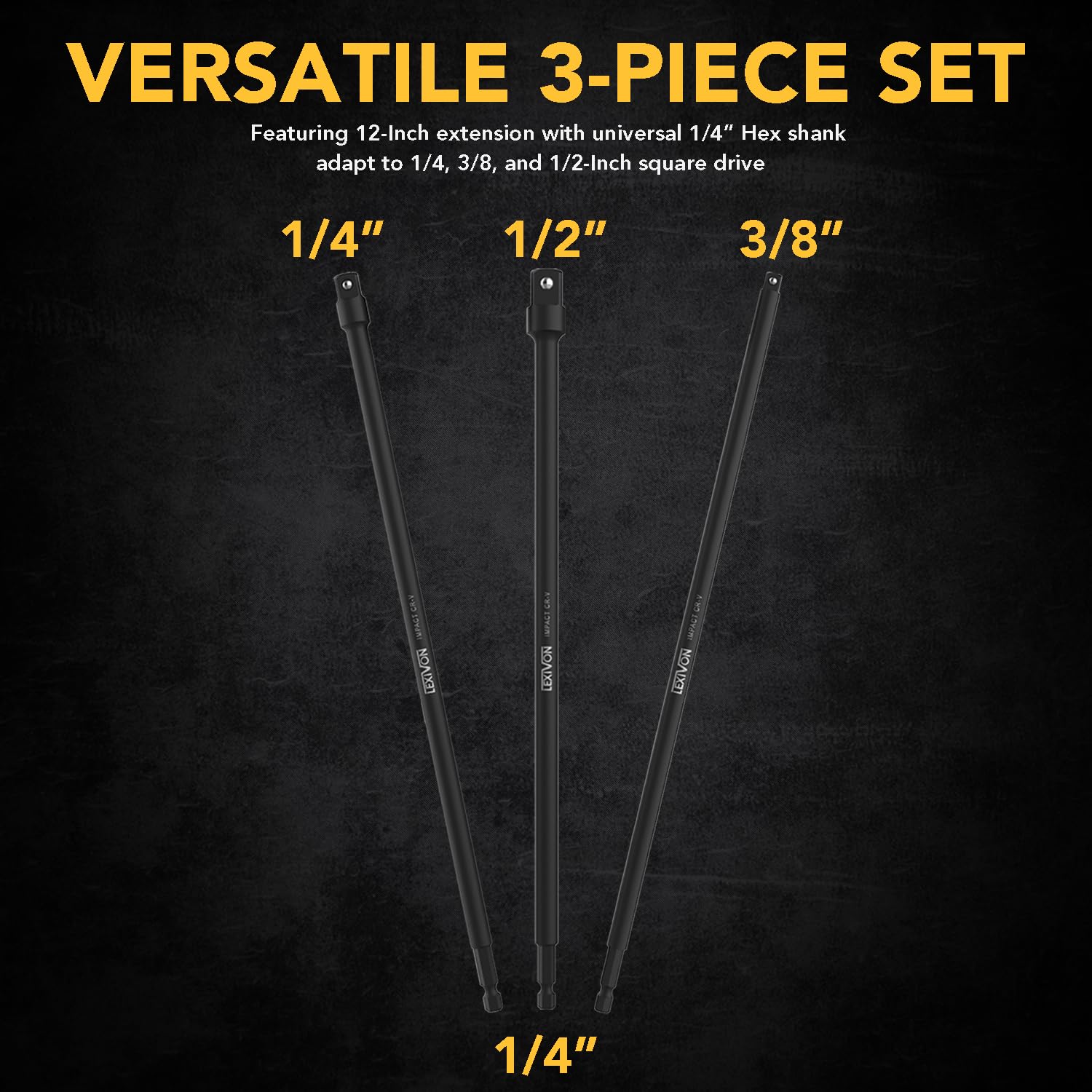 LEXIVON Impact Grade Socket Adapter Set, 3" Extension Bit with Holder | 3-Piece 1/4", 3/8", and 1/2" Drive, Adapt Your Power Drill to High Torque Impact Wrench (LX-101)