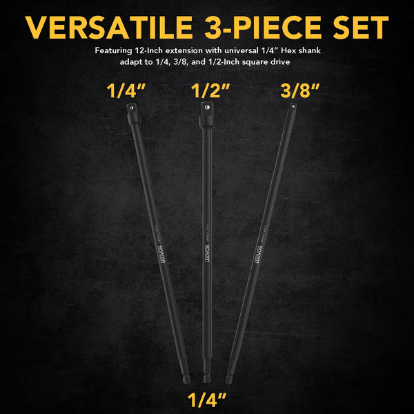 LEXIVON Impact Grade Socket Adapter Set, 3" Extension Bit with Holder | 3-Piece 1/4", 3/8", and 1/2" Drive, Adapt Your Power Drill to High Torque Impact Wrench (LX-101)