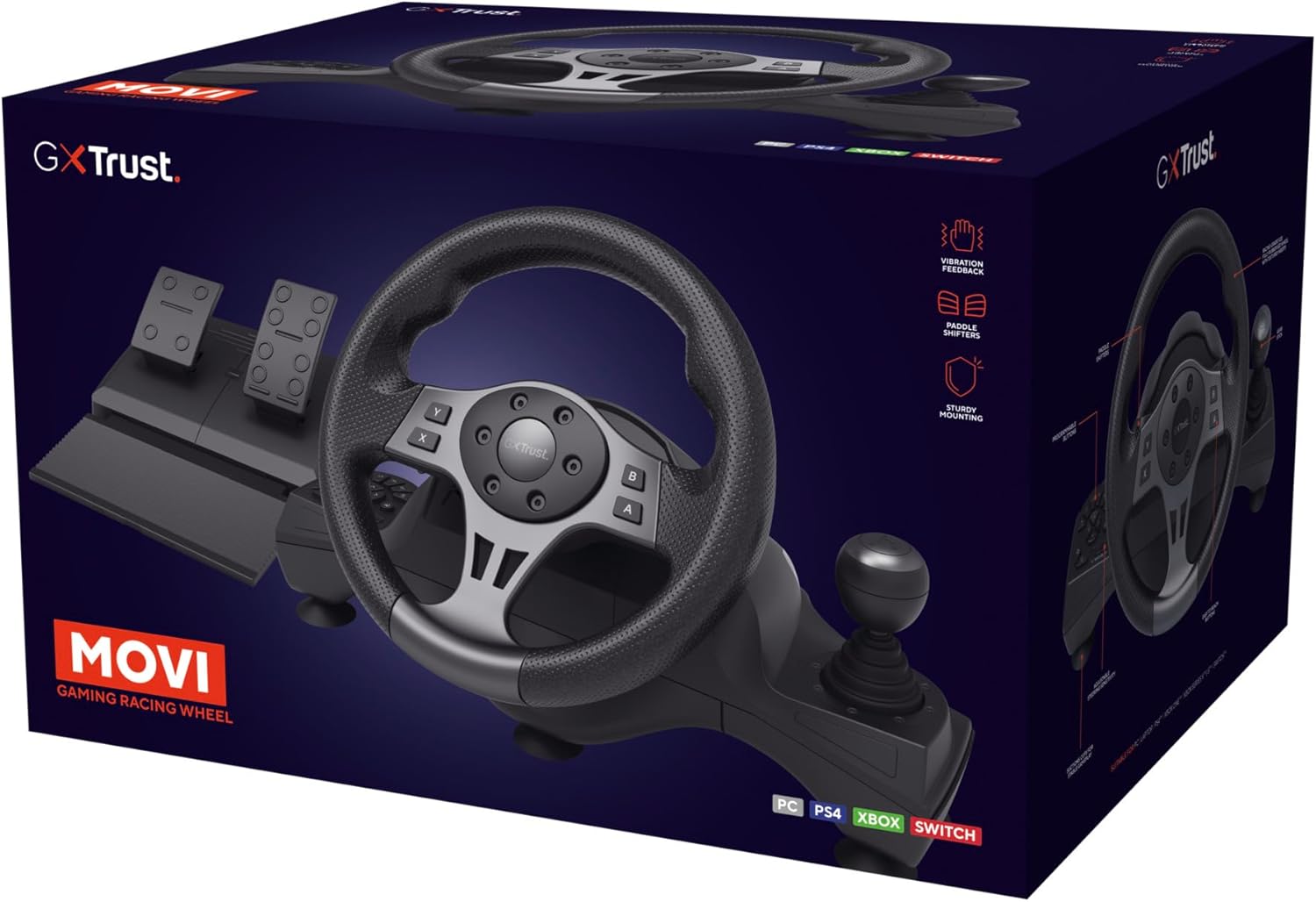 Trust GXT 289 Steering Wheel for Gaming PC, Xbox Series X/S, PS4, Nintendo Switch, Racing Wheel with Pedals, Paddle Shifters, Gear Stick, Vibration Feedback, for Farming Simulator / F1 / Gran Turismo