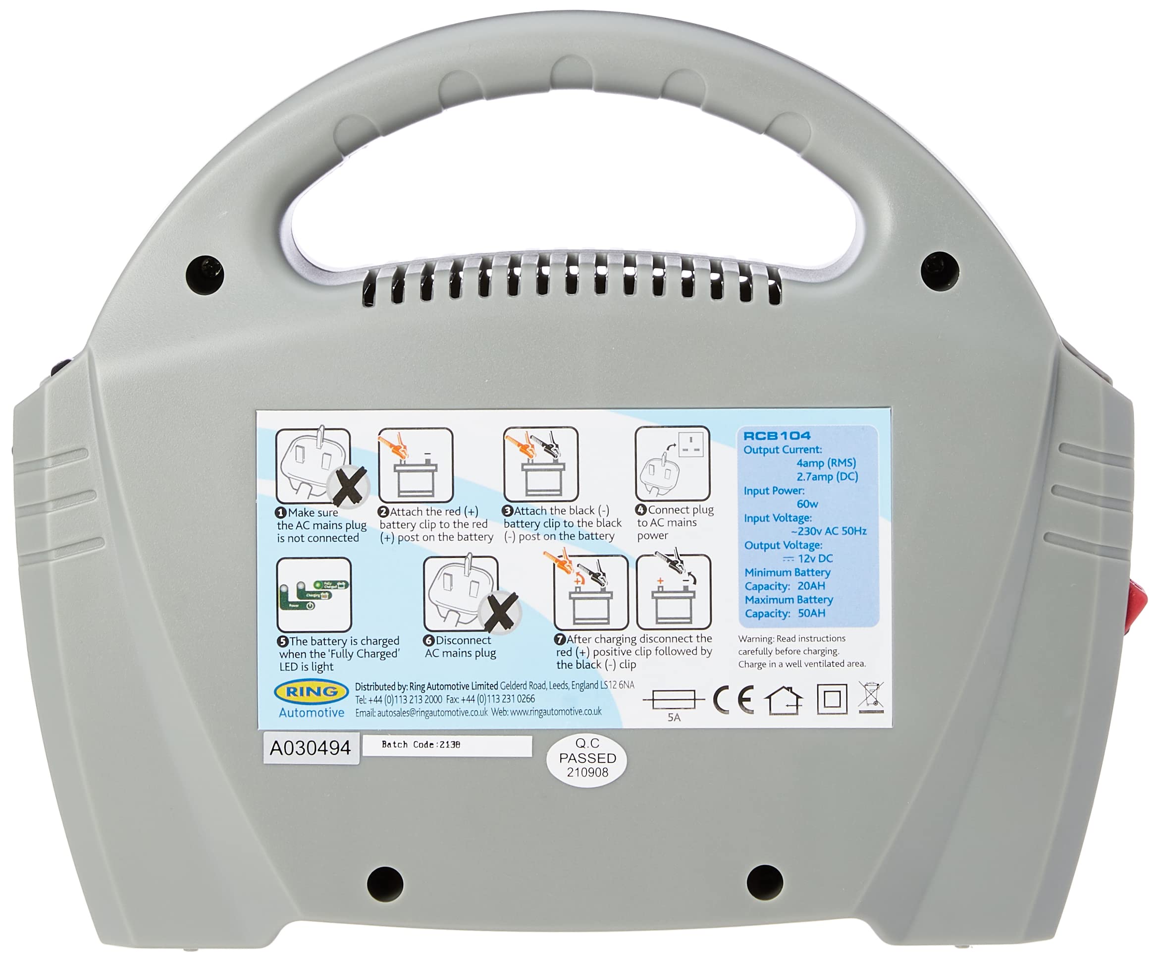 Ring RCB212, 12A Battery Charger, 12V Lead Acid and Gel Batteries, Vehicles up to 3.0L