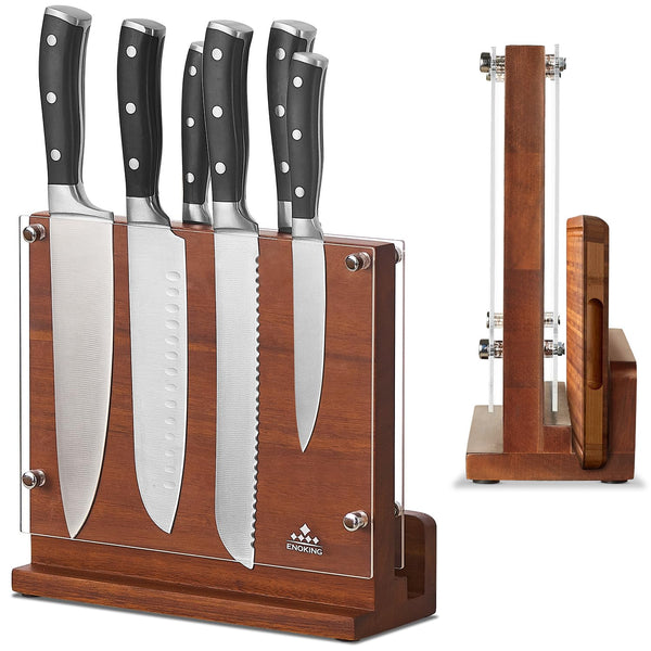 ENOKING Magnetic Knife Block Without Knives, Double Sided Magnetic Knife Holder Stand with Acrylic Protective Shield for Safety, Acacia Wood Knife