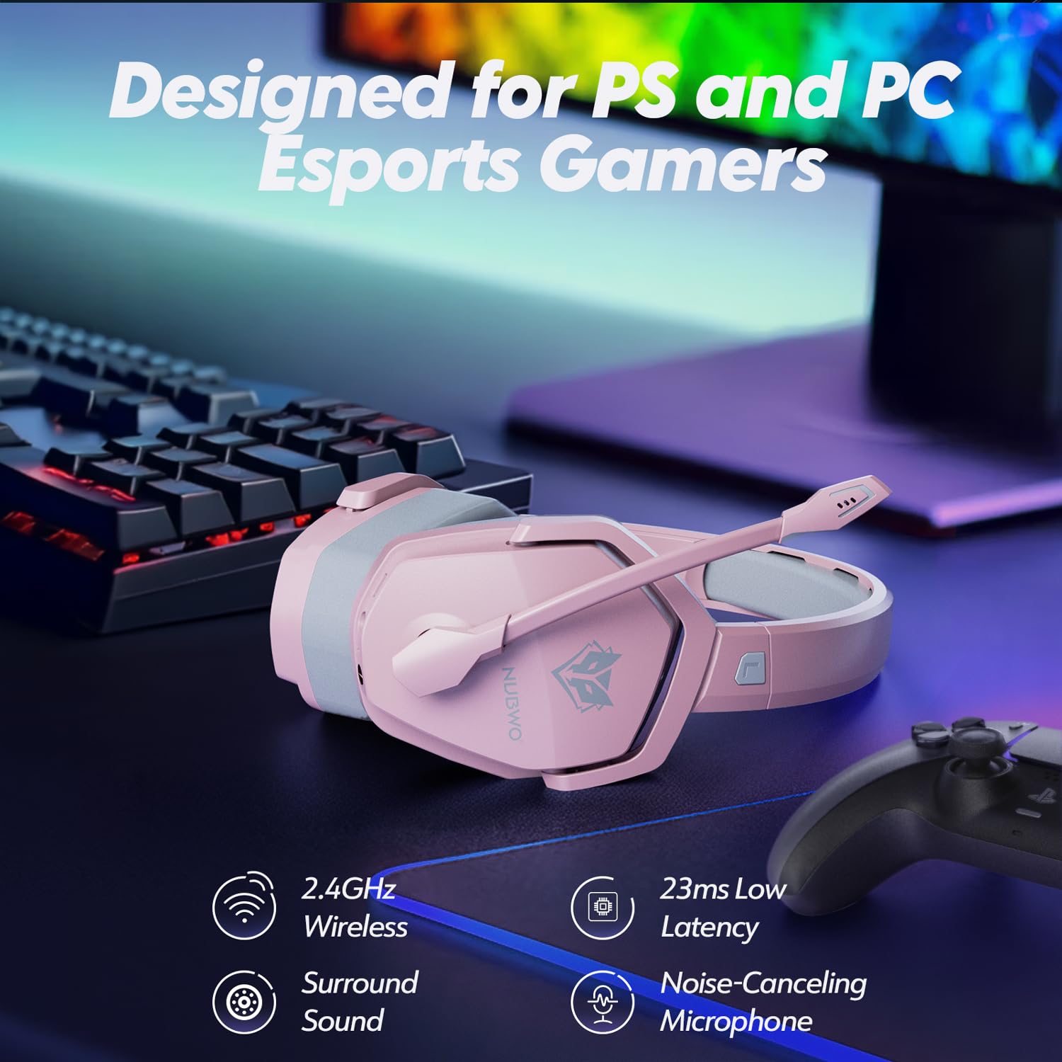NUBWO G06 Pro Wireless Gaming Headset with Charging Station for Headset & PS5 Controller, 17ms Low Latency, 120H Battery Life, Dynamic 50mm Drivers-White (Only Compatible with PS5)