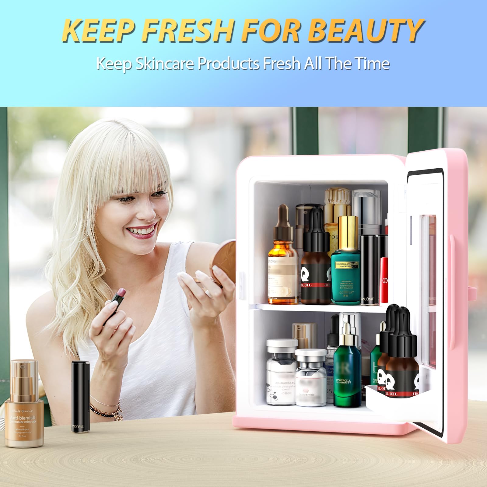 Mini Fridge 15 Liter/21 Cans, Upgrade Portable AC+DC Power Small Fridge for Bedroom, Car, Office, Thermoelectric Cooler and Warmer Skincare Fridge for Food, Drinks, Cosmetics, Max & ECO Mode