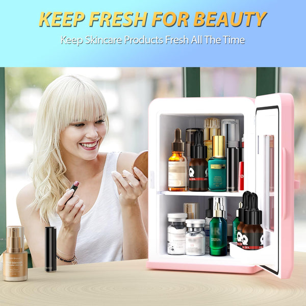 Mini Fridge 15 Liter/21 Cans, Upgrade Portable AC+DC Power Small Fridge for Bedroom, Car, Office, Thermoelectric Cooler and Warmer Skincare Fridge for Food, Drinks, Cosmetics, Max & ECO Mode