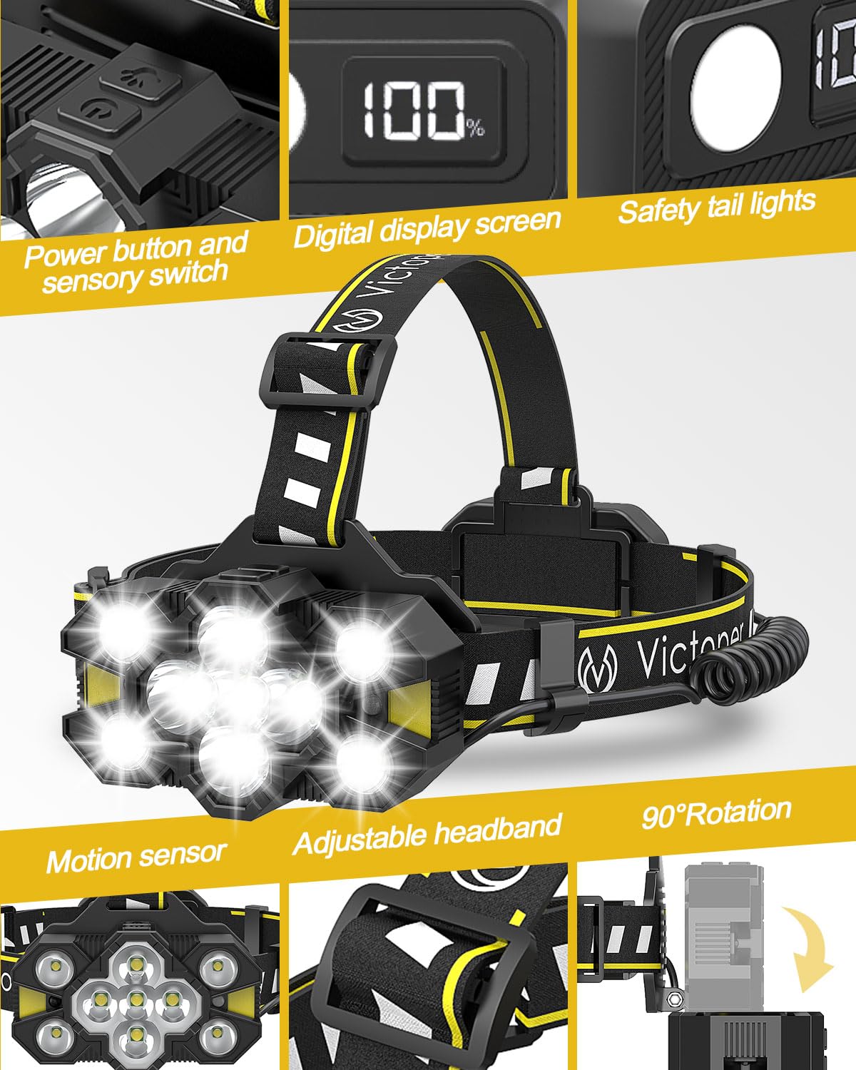 Victoper Head Torch Rechargeable v10000 Upgraded 22000 Lumen Torches LED Super Bright Headlight 10 LEDs Modes Hands-Free Flashlight for Camping Fishing Cycling Hiking Waterproof, Black