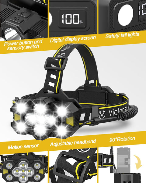 Victoper Head Torch Rechargeable v10000 Upgraded 22000 Lumen Torches LED Super Bright Headlight 10 LEDs Modes Hands-Free Flashlight for Camping Fishing Cycling Hiking Waterproof, Black