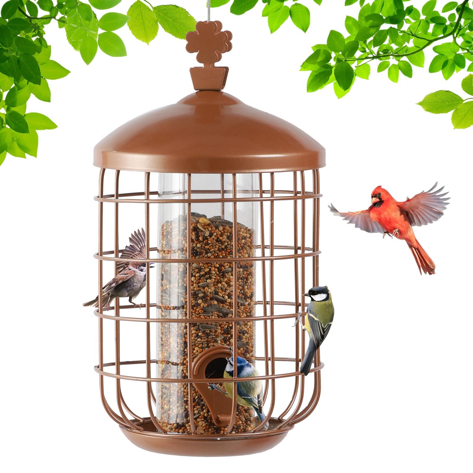 MIXXIDEA Metal Bird Feeders for Outdoors Hanging, Caged Tube Bird Feeder for Small Backyard Birds, Squirrel Proof Wild Bird Seed Feeders, Attracting Birds in Your Lawn, Garden,Green