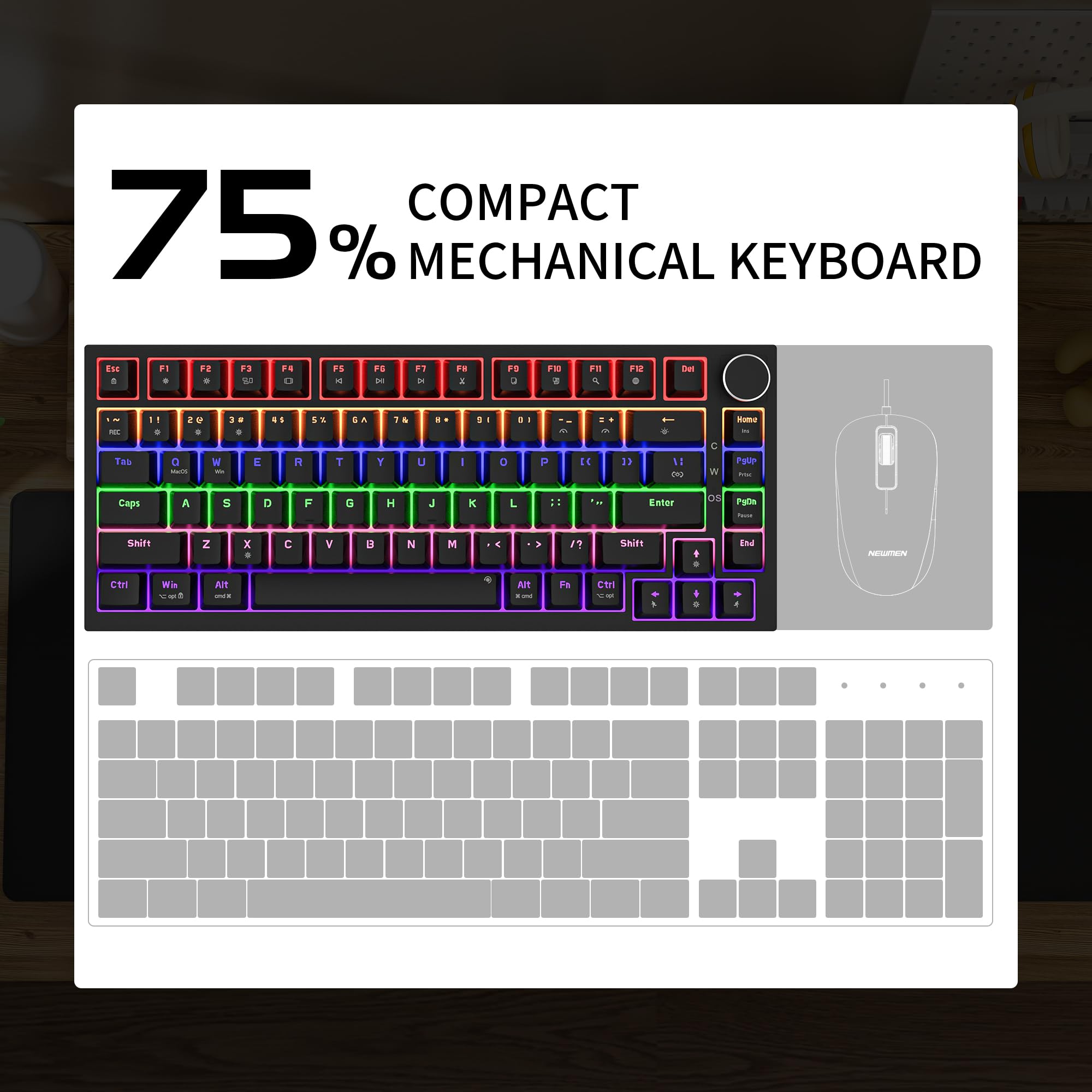 Newmen GM326 Mechanical Keyboard,Wired Gaming Keyboard,75% Percent TKL Hot Swappable Compact LED Backlit USB C Mechanical Gaming Keyboards with Knob for PC Windows Mac,QWERTY Layout,Black,Red Switches