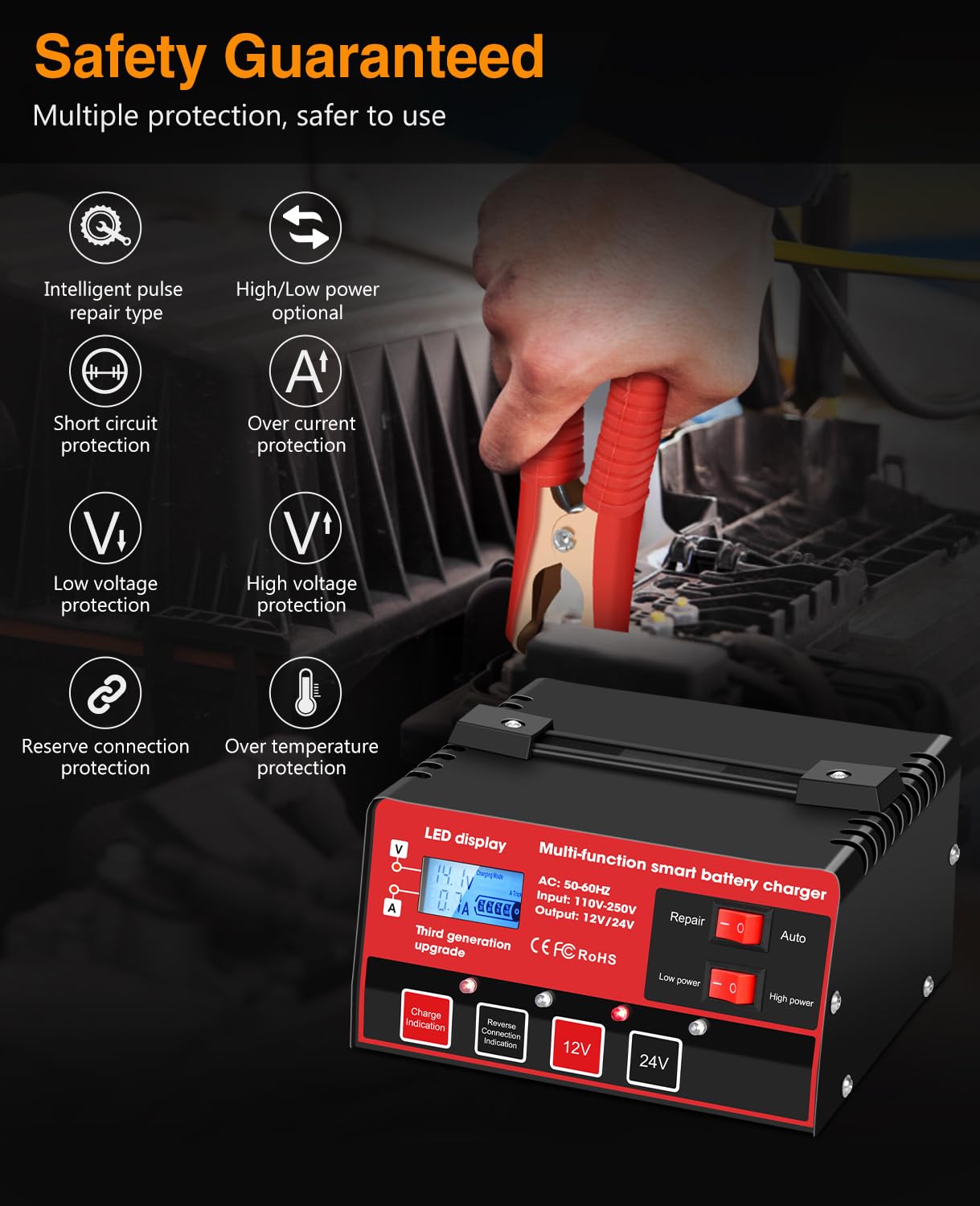 Outerman Car Battery Charger,12V-12A/24V-8.5AMP Smart Automatic Battery Charger,High/Low Power Trickle Charger Battery Maintainer,for Car Motorcycle Lawn Mower Marine