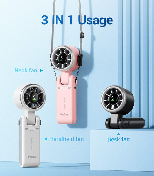 Diveblues Portable Handheld Fan, High-Speed Turbo Portable Fan, LED Display, Up to 12 Hours, 4000mAh Battery, 5 Wind Gear, Rechargeable small Hand Fan for Travel/Commute/Outdoor, Gifts for Women