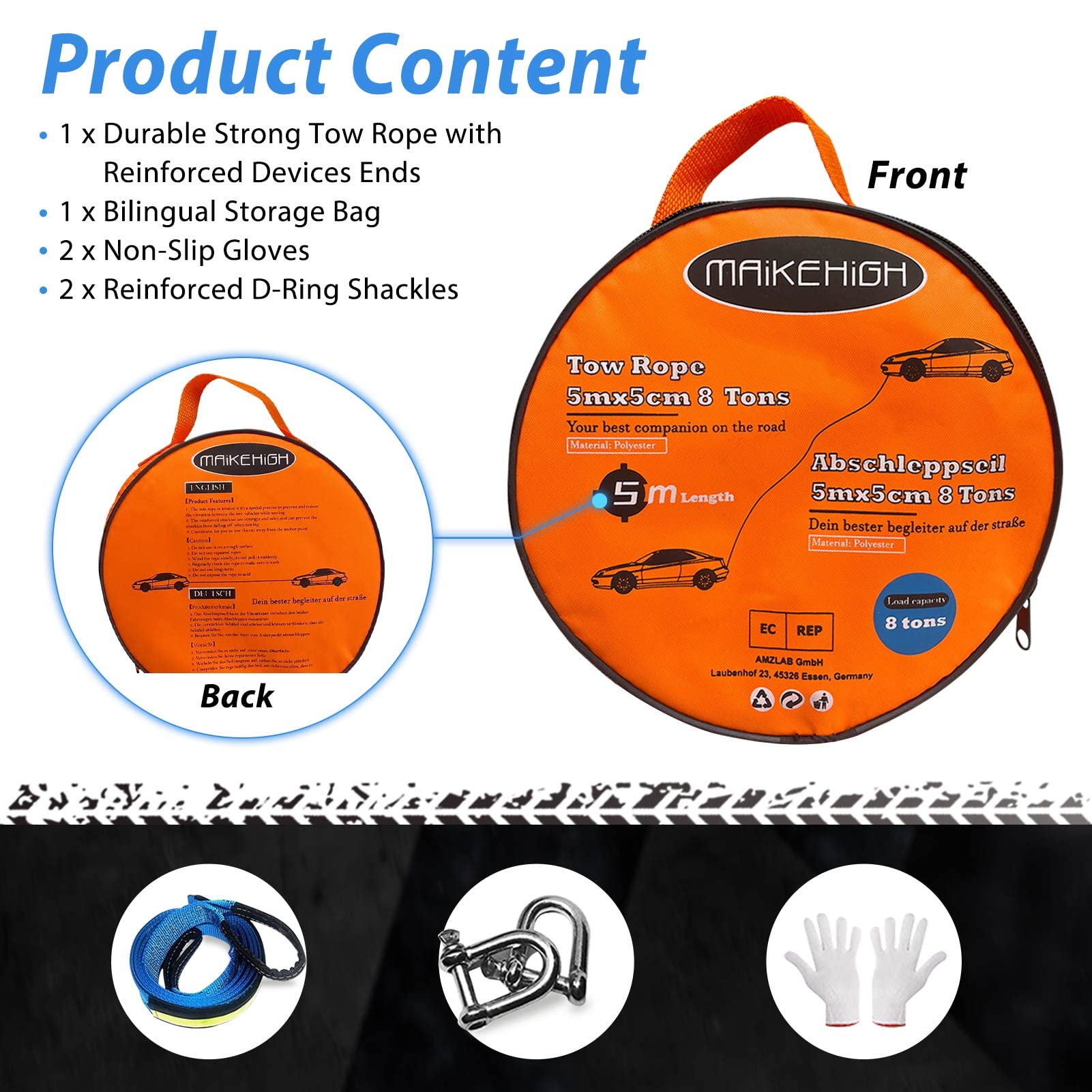 MAIKEHIGH Towing Rope 15 Ton (33,700 Lbs), 6M x 7.6cm Off-Road Recovery Tow Strap with 2 Gloves for Car, Truck, SUV, Snow (Green)