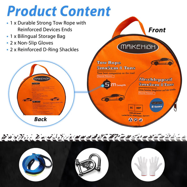 MAIKEHIGH Towing Rope 15 Ton (33,700 Lbs), 6M x 7.6cm Off-Road Recovery Tow Strap with 2 Gloves for Car, Truck, SUV, Snow (Green)