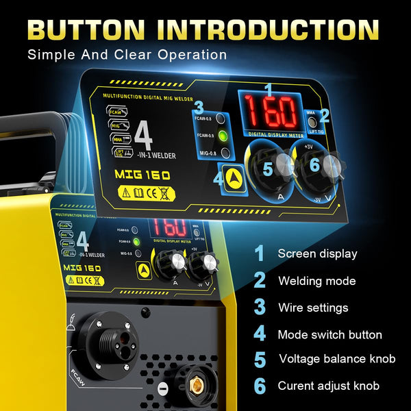 haxiaoer 145A Gasless MIG Welders, 3 in 1 Portable Flux MIG/ARC/Lift TIG MIG Welding Machine with Smart Digital LED Dispaly, Semi-Automatically Synergy Inverter MIG Welder, Best for Beginner