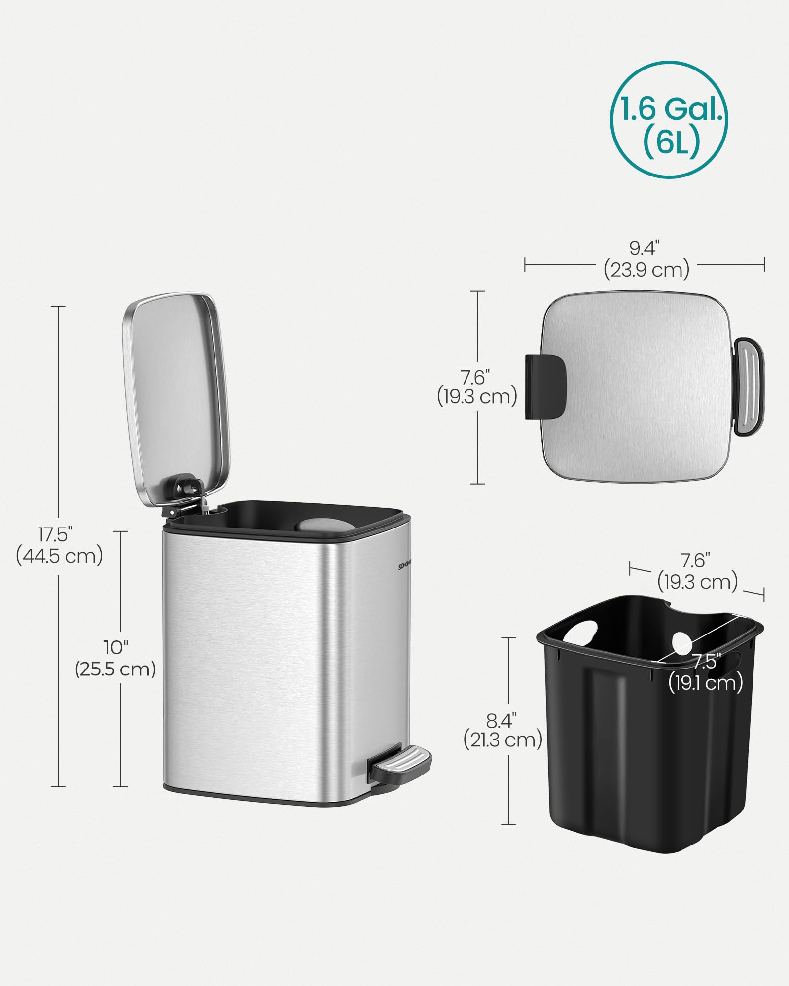 SONGMICS Kitchen Bin, 8-Gallon (30 L) Trash Bin, Steel Pedal Bin, with Inner Bucket, Soft Close and Stays Open, Metallic Silver LTB593E01