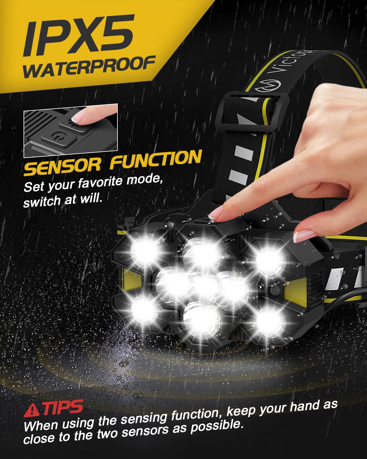 Victoper Head Torch Rechargeable v10000 Upgraded 22000 Lumen Torches LED Super Bright Headlight 10 LEDs Modes Hands-Free Flashlight for Camping Fishing Cycling Hiking Waterproof, Black