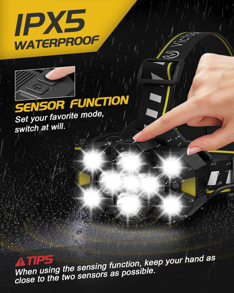 Victoper Head Torch Rechargeable v10000 Upgraded 22000 Lumen Torches LED Super Bright Headlight 10 LEDs Modes Hands-Free Flashlight for Camping Fishing Cycling Hiking Waterproof, Black