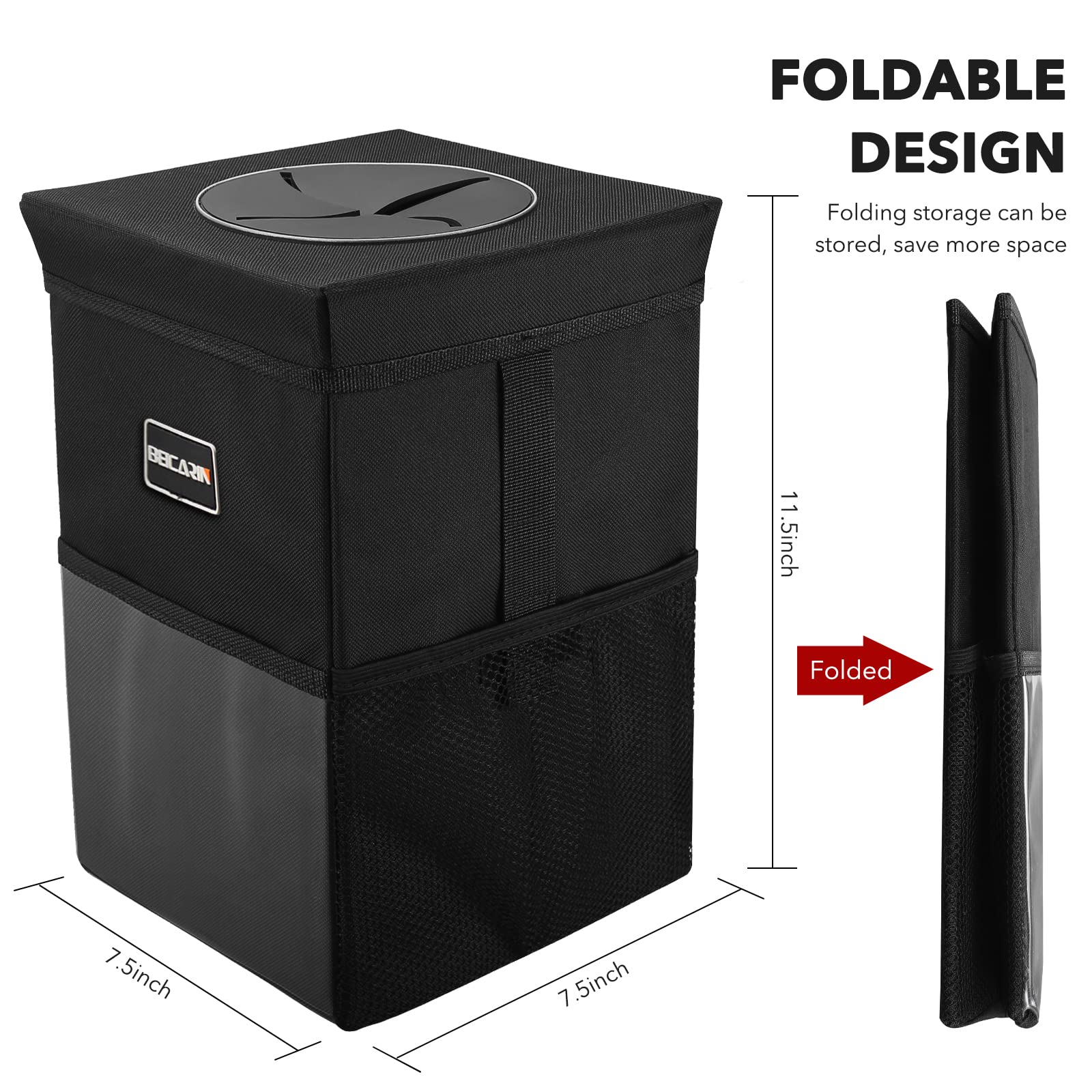 Car Trash Bin with Lid - Trash Bag Hanging with Storage Pockets Leak-Proof Car Organizer Collapsible and Portable Waterproof Garbage Bin, 10L Large Capacity Multipurpose Bin
