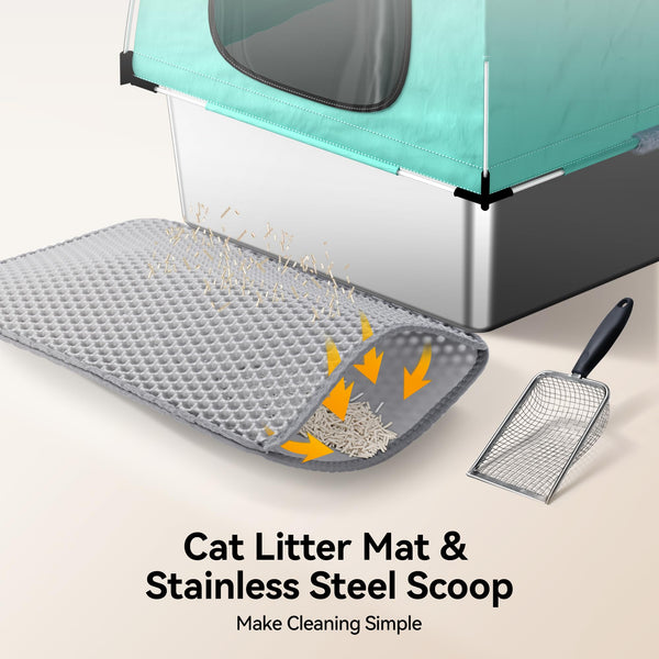 MeoWant Cat Litter Box Stainless Steel, Enclosed Litter Pan for Big Cat with Cloth Cover Canopy, Never Absorbs Odor, Non Stick Surface, XXL Extra Large Litter Tray, Detachable, Easy Clean, White