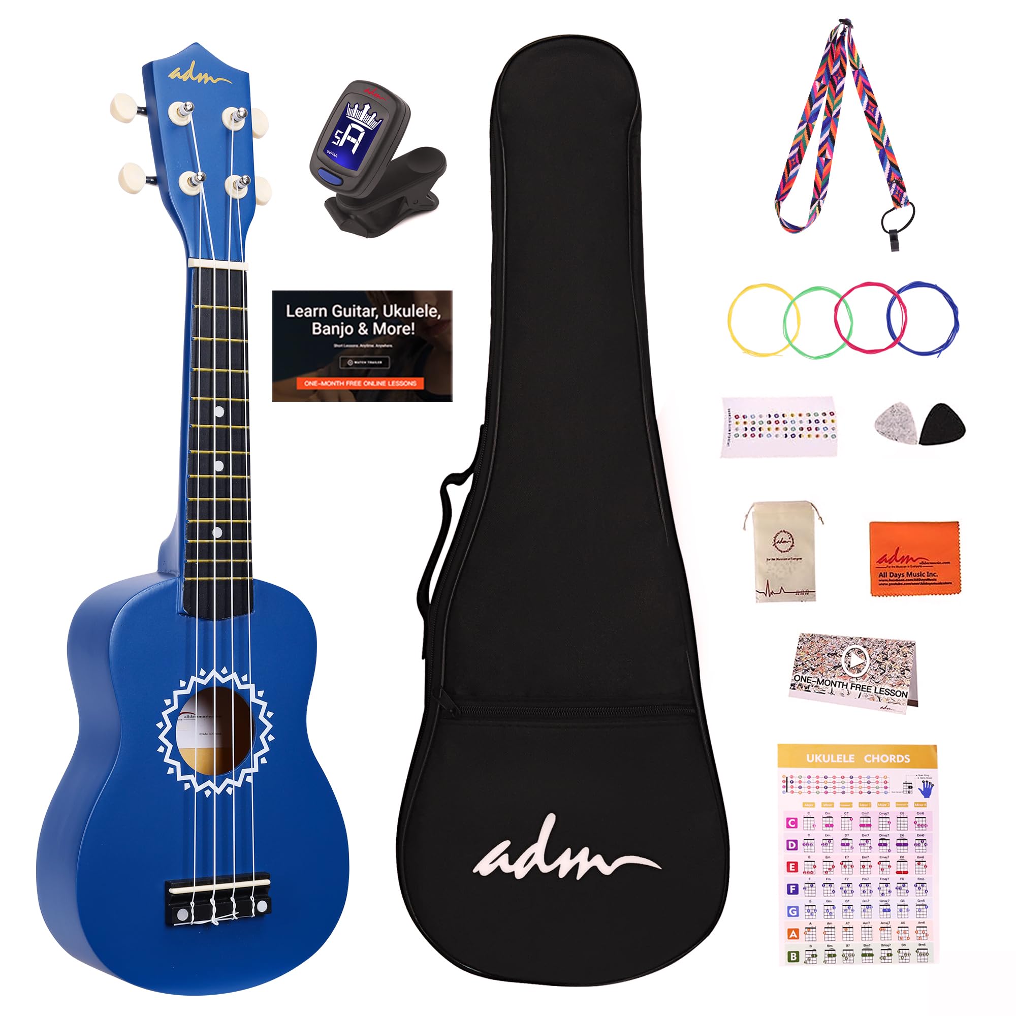 ADM Soprano Ukulele Set for Kids and Beginners, Ukulele Starter Kit with Bag, Clip-On Tuner, Rainbow Strings, Colourful Strap, Plectrum, Fingerboard Sticker, Chord Card (Dark Blue)