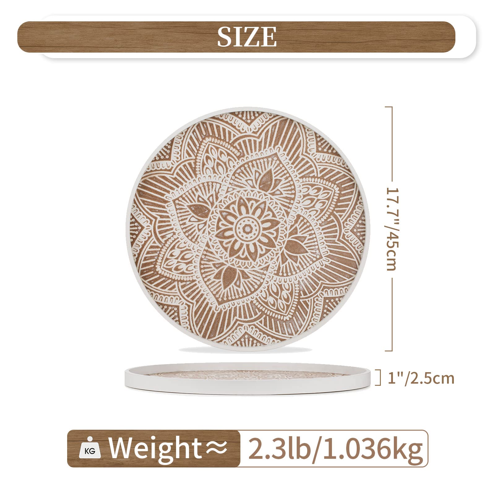 Hanobe Large Wood Decorative Tray: Boho Rustic Ottoman Tray Farmhouse Coffee Table Centerpiece Decor - Wooden Serving Round Tray for Kitchen Counter