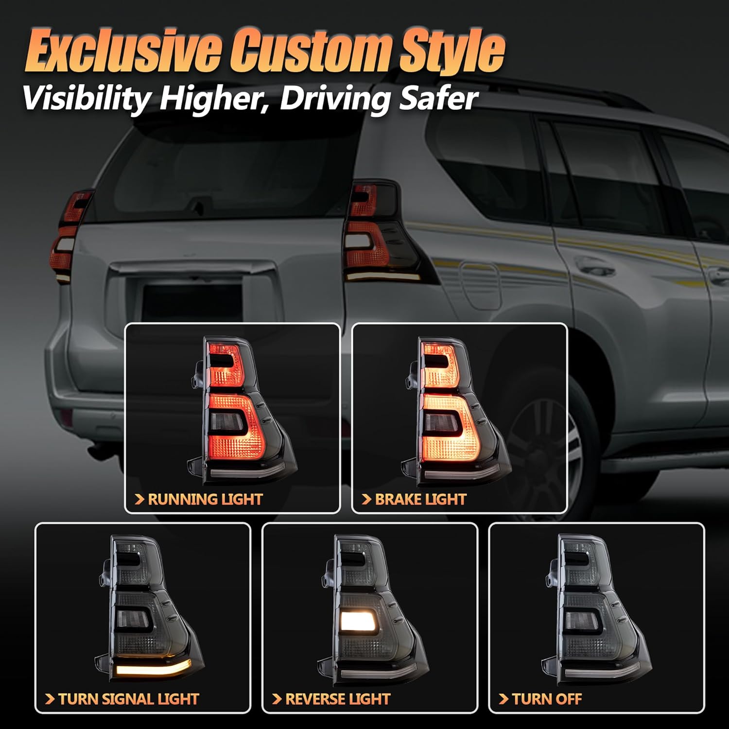 VLAND Motor LED Rear Lights compatible with Land Cruiser Prado J150 / GX460 2010-2017, w/Amber Sequential Indicator, Driver & Passenger Side - Smoked