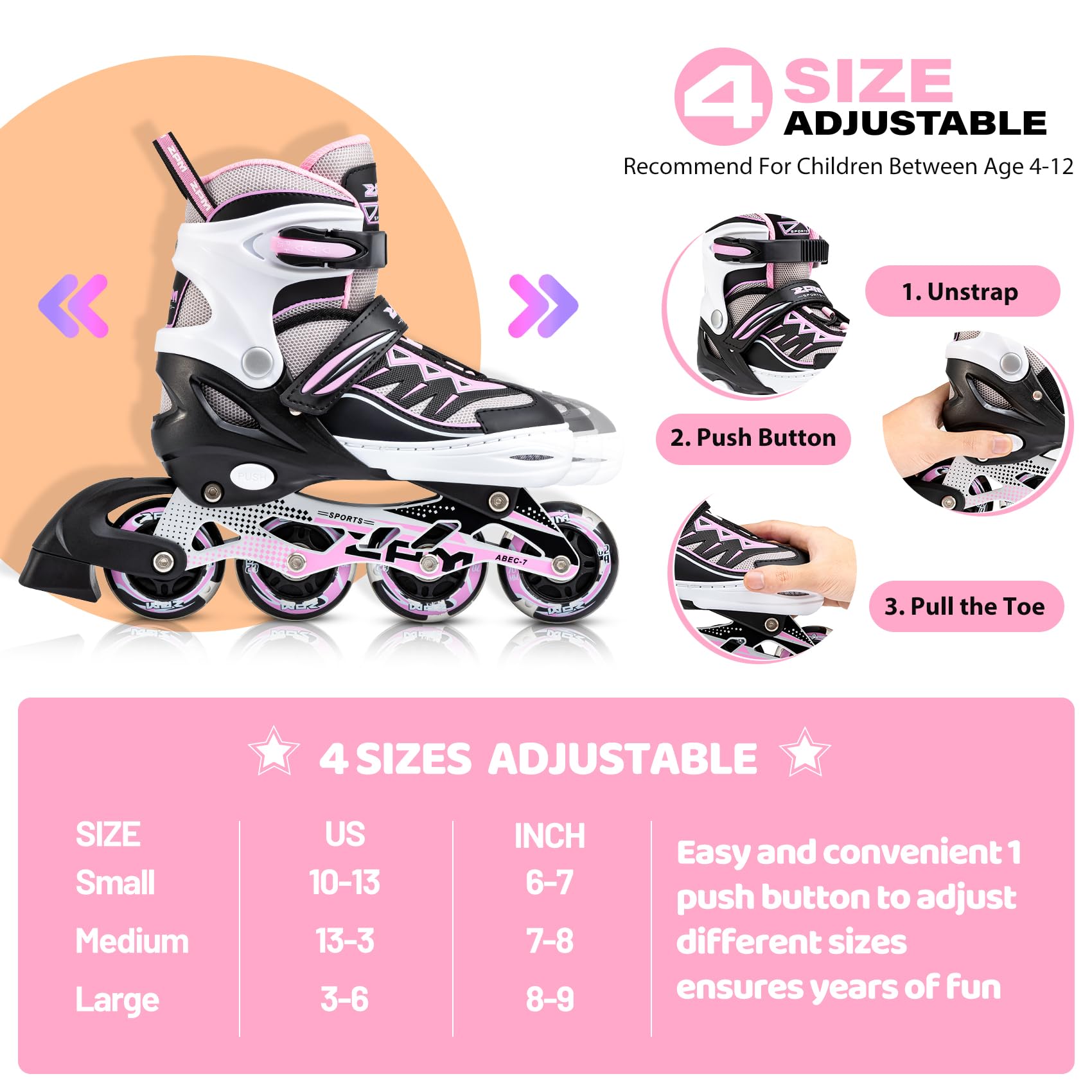 2pm Sports Adjustable Inline Skates, Stylish Design Beginner Roller Skates for Boys and Girls
