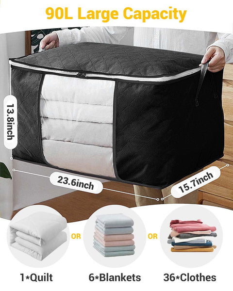 KALAHOL 90L Large Capacity Clothes Storage Bags with Zips, Storage Boxes with Lids, Reinforced Handle, Foldable, Thick Fabric, for Comforters, Clothes, Blankets, Bedding, 4 Pack, Dark Grey